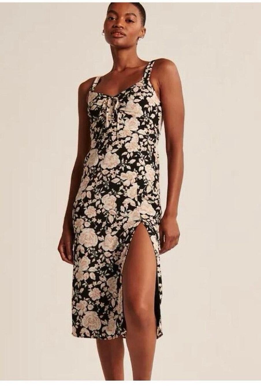 Abercrombie & Fitch Size S Black Floral Midi Dress Cinch Front and Leg Slit